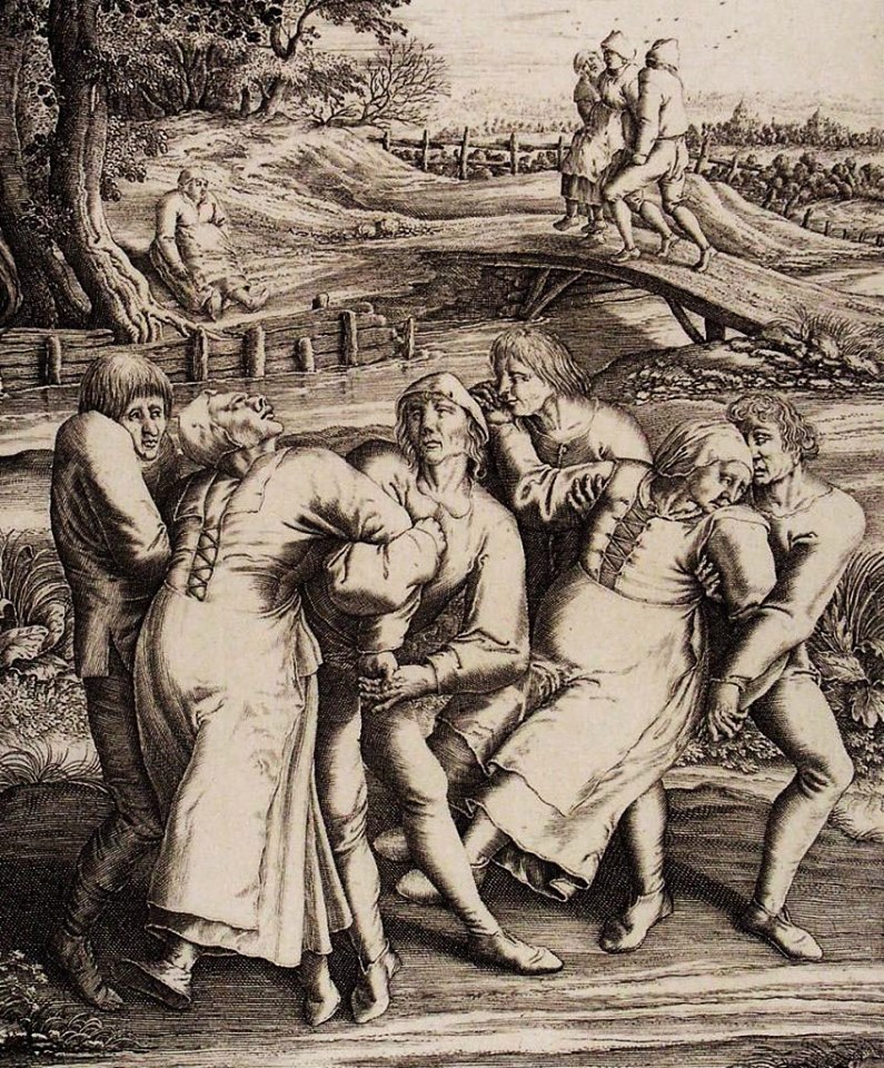 Gravurë nga Hendrik Hondius që portretizon tre persona të prekur nga murtaja. Vepër e bazuar në vizatimin origjinal nga Pieter Brueghel .