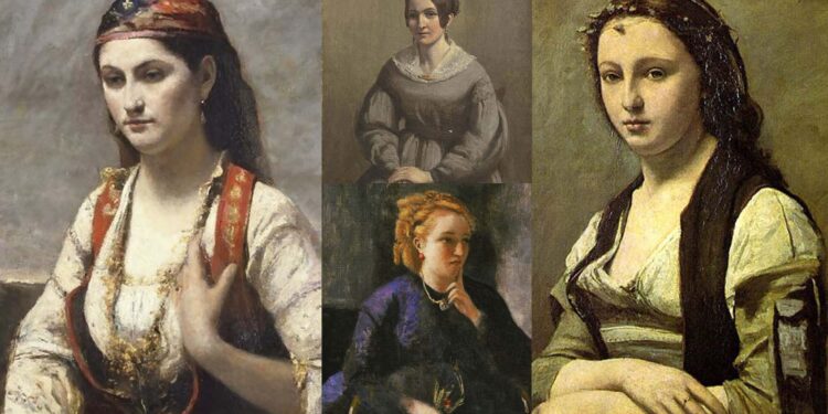 Hiret delikate të vajzave të ndrojtura, derdhur në ngjyrave të pakura te portretet e Camille Corot