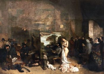 Art në studion e piktorit, Gustave Courbet, që përshkruan dhe luan me realizmin brenda një tabloje