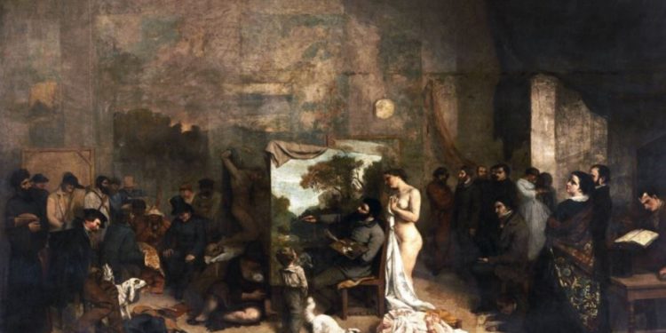 Art në studion e piktorit, Gustave Courbet, që përshkruan dhe luan me realizmin brenda një tabloje