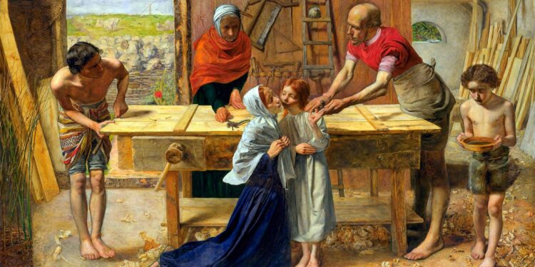 Krishti në shtëpinë e prindërve të tij (Dyqani i zdrukthëtarit) nga John Everett Millais, vepra e kryqëzuar