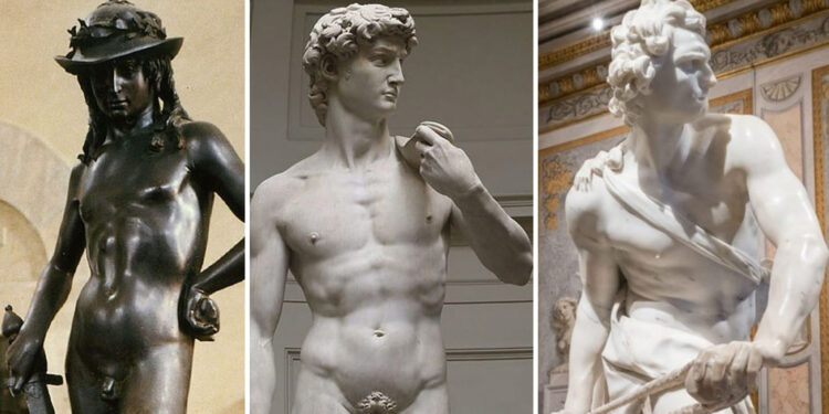 Tre Davidë, një legjendë, nga tre mjeshtra e Rilindjes së Artë italiane, Donatello, Michelangelo dhe Bernini
