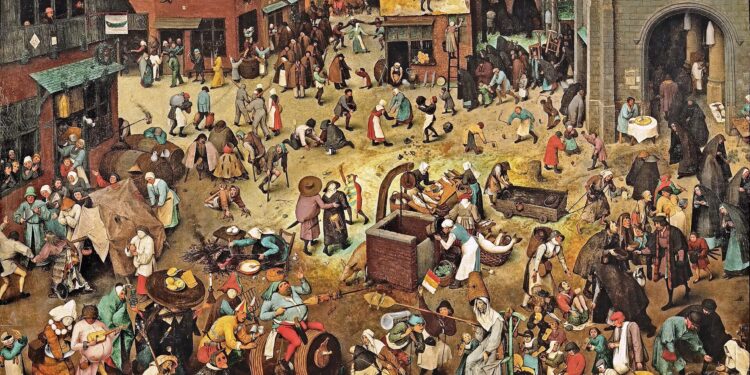 Karnavalet dhe kreshmet, zanafilla dhe simbolika e kremtes, e gjitha në një tablon e alegorikut, Pieter Bruegel