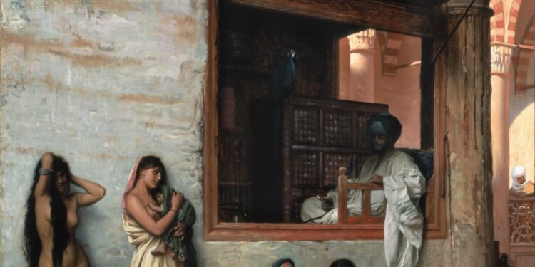 Një pamje e bukurisë së trishtë dhe e dhimbjes së zëshme në veprën, “Tregu i skllevërve në Kajro”, Jean-Léon Gérôme, 1871