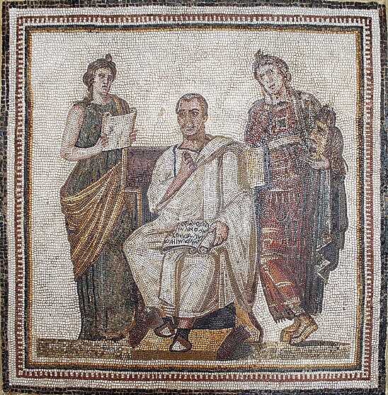Një mozaik romak i shekullit të III-të i Virgjilit i ulur midis Clio dhe Melpomene (nga Hadrumetum [Sousse], Tunizi)