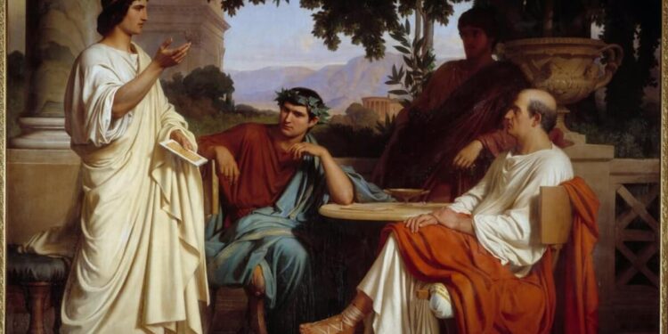 ' Horaci , Virgjili dhe Variusi në Shtëpinë e Mecenas' nga Charles Jalabert (1818–1901). Albert Vataj