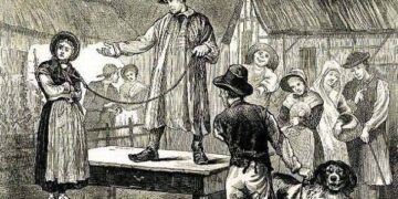 Një burrë që nxjerr në ankand gruan e tij, viti 1832, në qytetin anglez të Carlisle